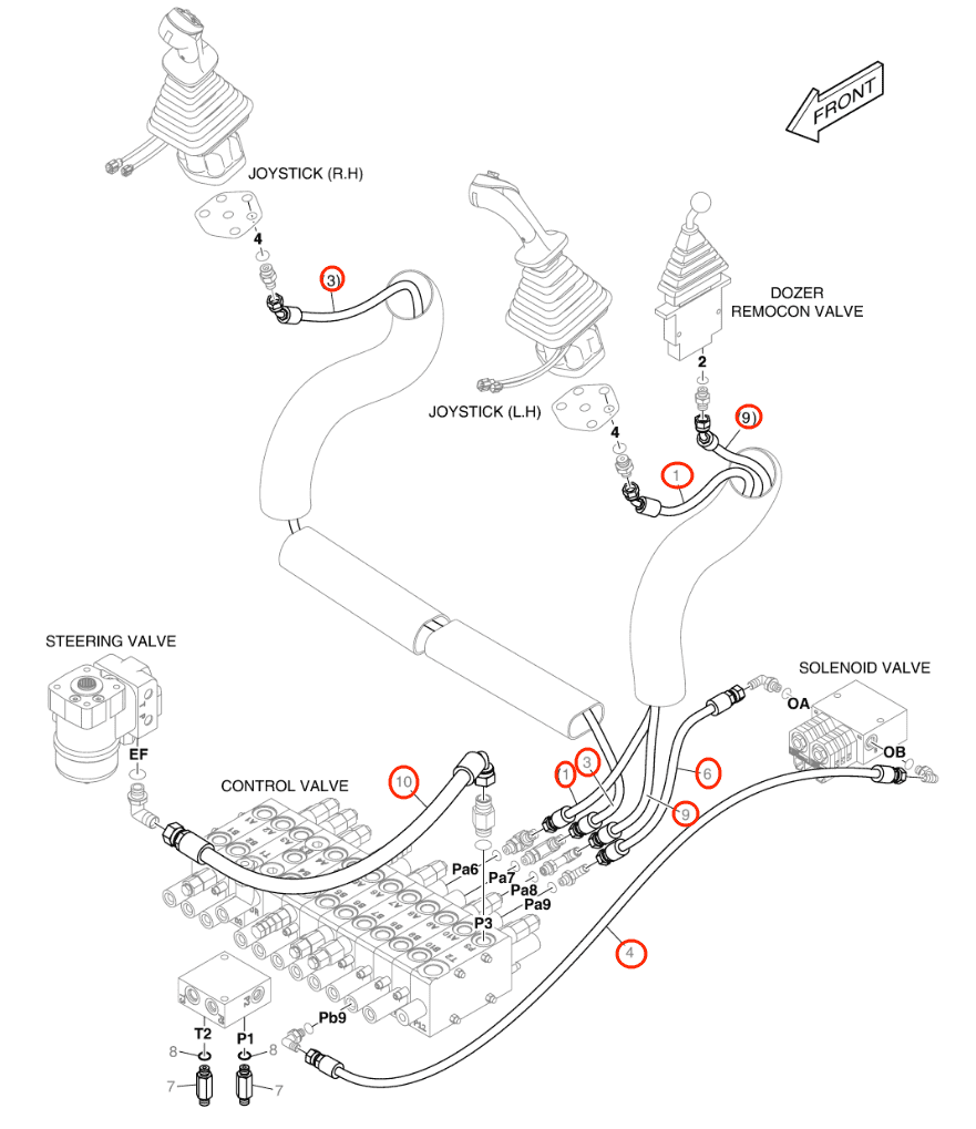 Doosan E57W installation diagram showing hydraulic hose DS2092062 at Pipe No. 1
