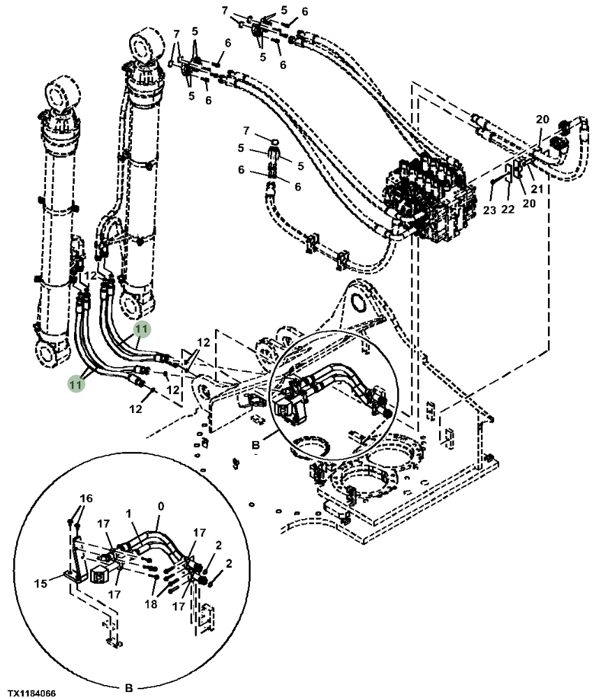 Hitachi ZX470LC-6 installation diagram showing hydraulic hose 4636821 at Pipe No. 11