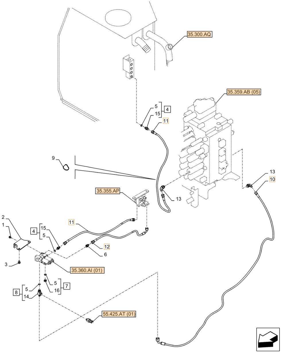Case CX350D NLC installation diagram showing hydraulic hose KHJ2093 at Pipe No. 12