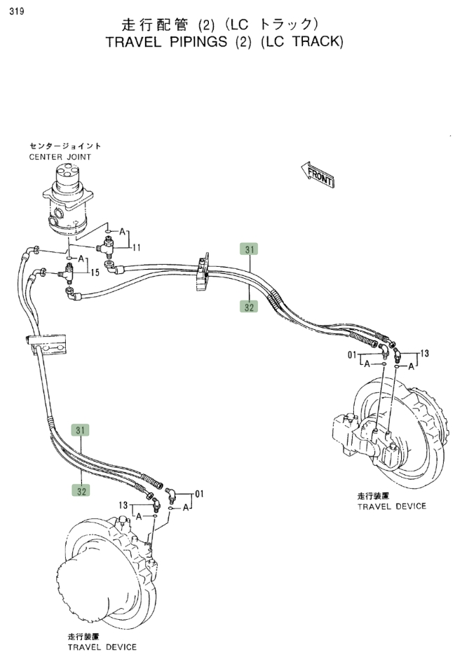 Hitachi EX400LC-3C installation diagram showing hydraulic hose 4295191 at Pipe No. 32