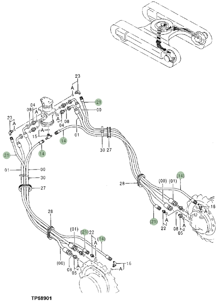 Hitachi EX110-5 installation diagram showing hydraulic hose 4286512 at Pipe No. 21