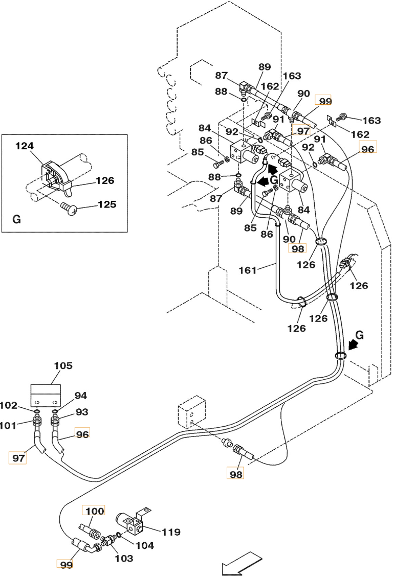 Case CX290 installation diagram showing hydraulic hose 167352A1 at Pipe No. 99