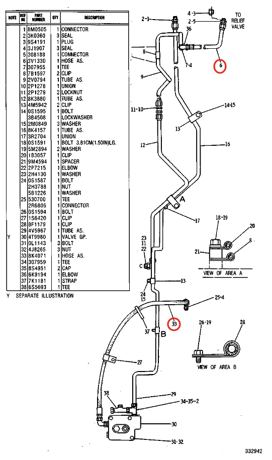 Caterpillar CAT®235B installation diagram showing hydraulic hose 3V-1330 at Pipe No. 6