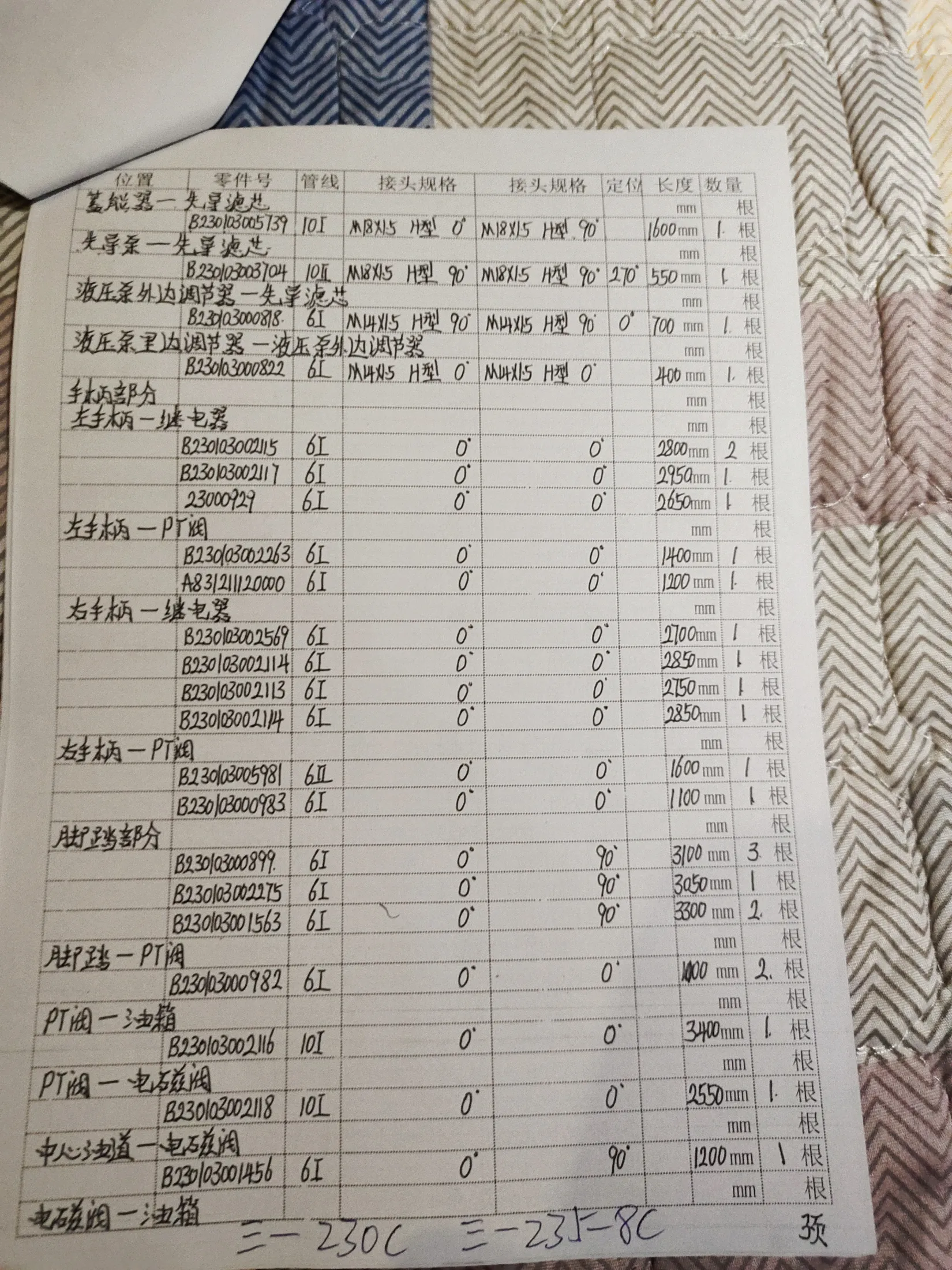 SANY 235-88C hydraulic hose part numbers and recorded lengths — technician notebook page 3 of 4 — recorded hose parts A8321200006I, B23003000822, B23003001456