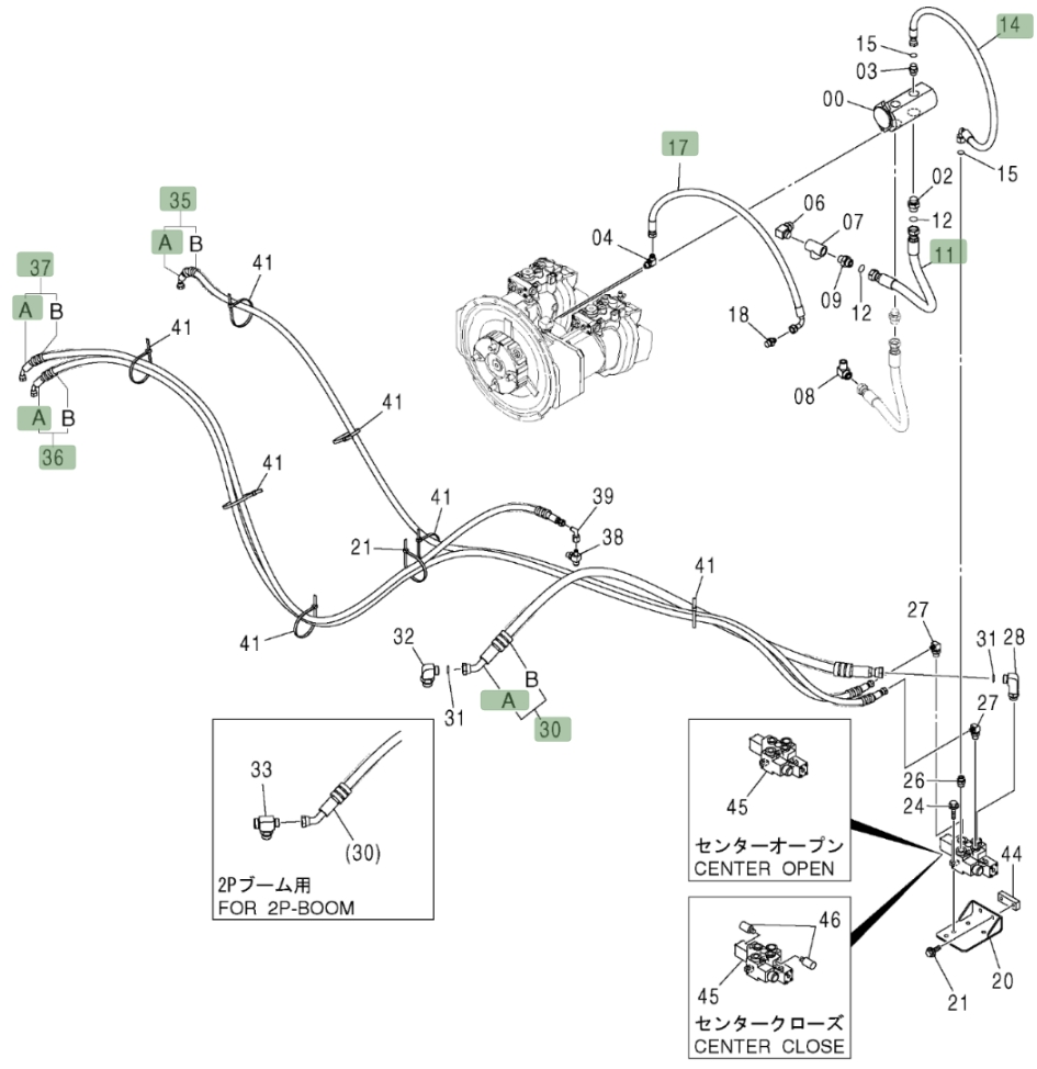 Hitachi ZX370 installation diagram showing hydraulic hose 4313427 at Pipe No. 17