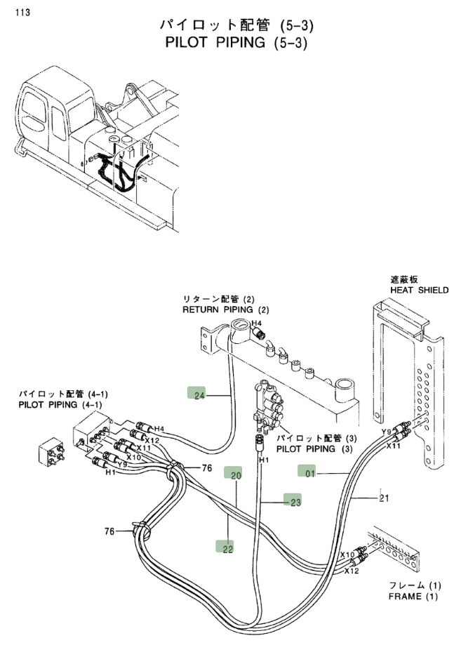 Hitachi EX750-5 installation diagram showing hydraulic hose 4375902 at Pipe No. 22