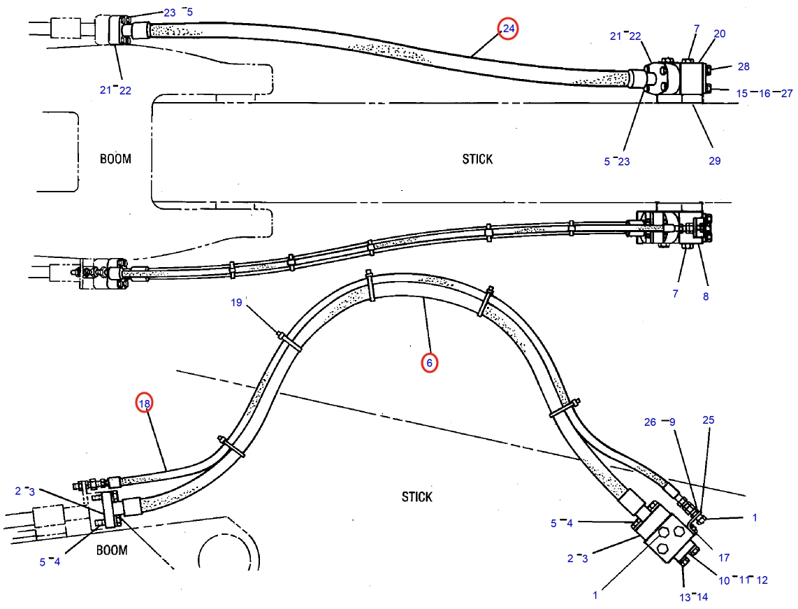 Caterpillar CAT®225D installation diagram showing hydraulic hose 6C-0879 at Pipe No. 18
