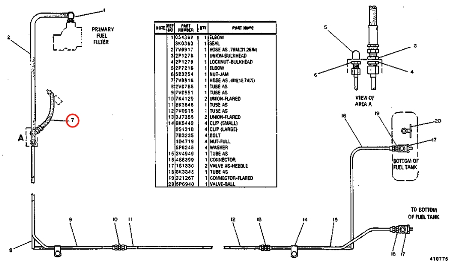 Caterpillar CAT®235B installation diagram showing hydraulic hose 7V-0916 at Pipe No. 7