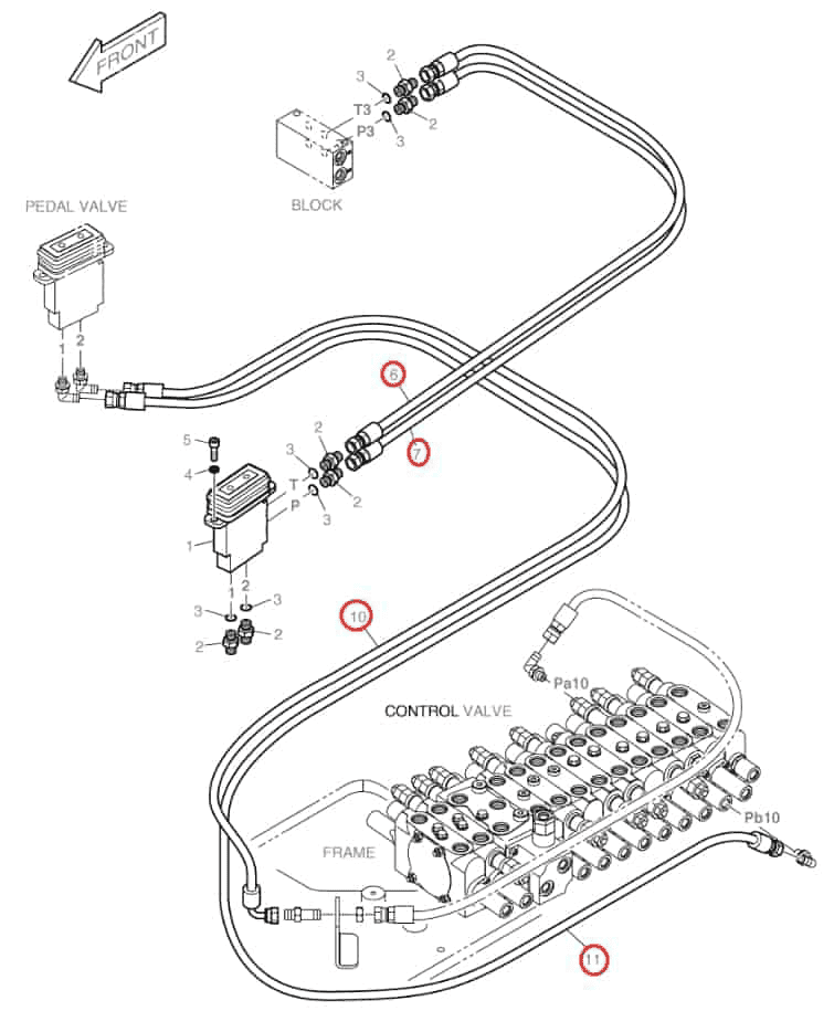 Doosan DX60R installation diagram showing hydraulic hose DS2093056 at Pipe No. 10