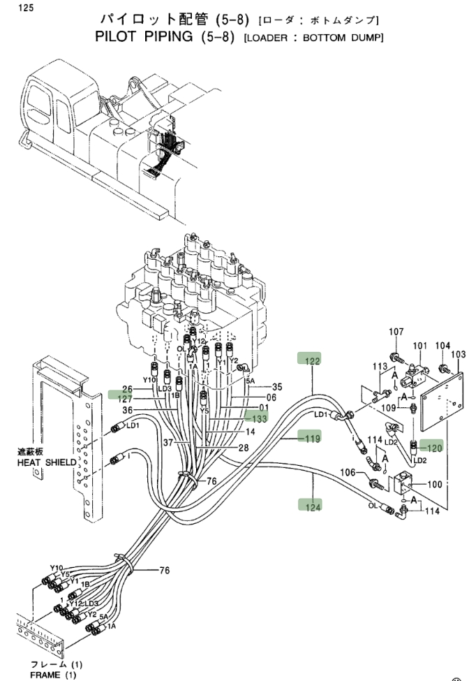 Hitachi EX750-5 installation diagram showing hydraulic hose 4367014 at Pipe No. 122