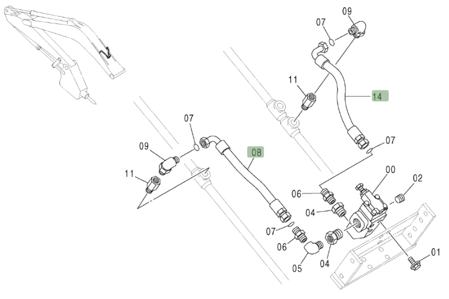 Hitachi ZX370 installation diagram showing hydraulic hose 4404486 at Pipe No. 14