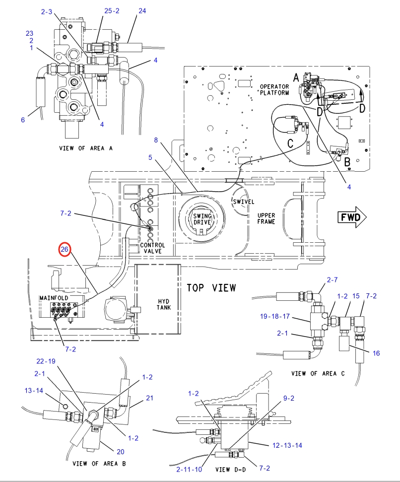 Caterpillar CAT®317B L installation diagram showing hydraulic hose 4I-7608 at Pipe No. 26