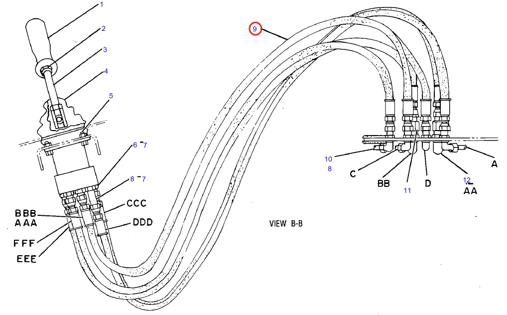 Caterpillar CAT®225B installation diagram showing hydraulic hose 2V-8572 at Pipe No. 9