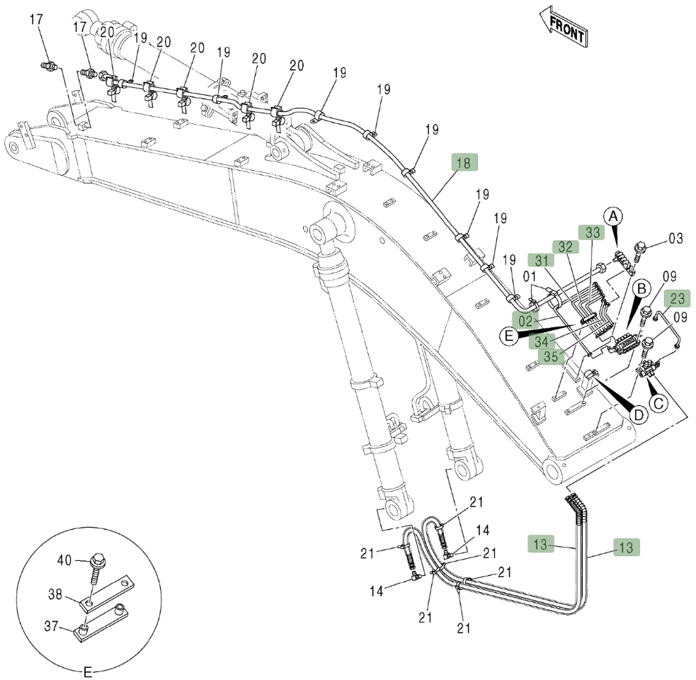 Hitachi ZX450LC installation diagram showing hydraulic hose 4607461 at Pipe No. 34