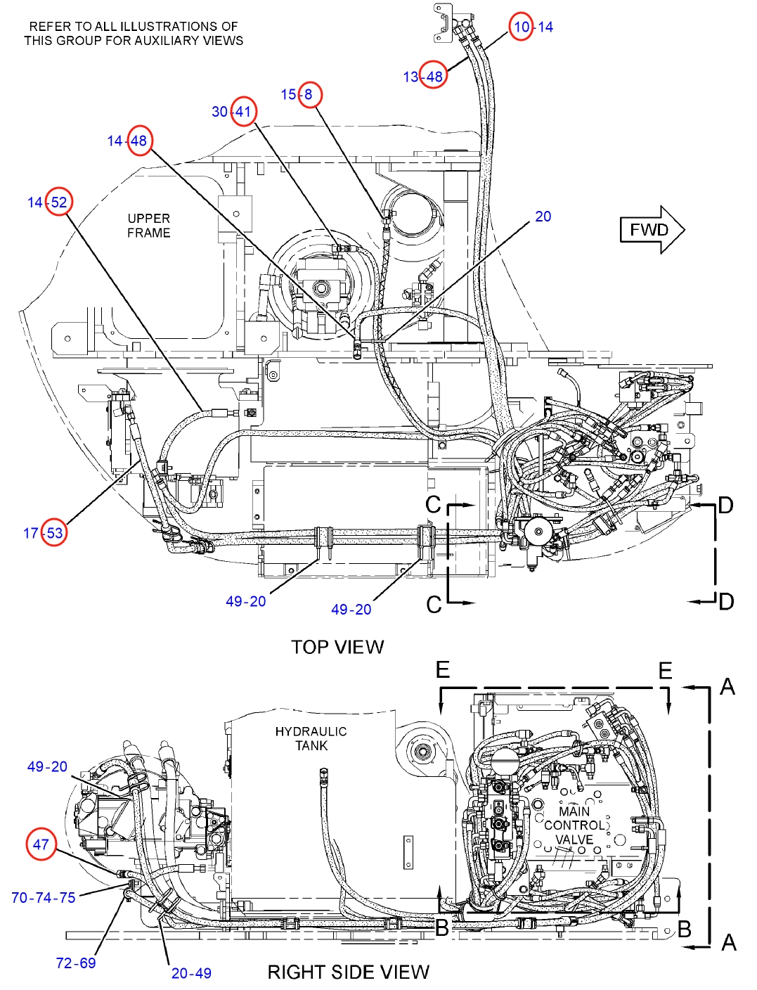 Caterpillar CAT®314D LCR installation diagram showing hydraulic hose 221-4807 at Pipe No. 41