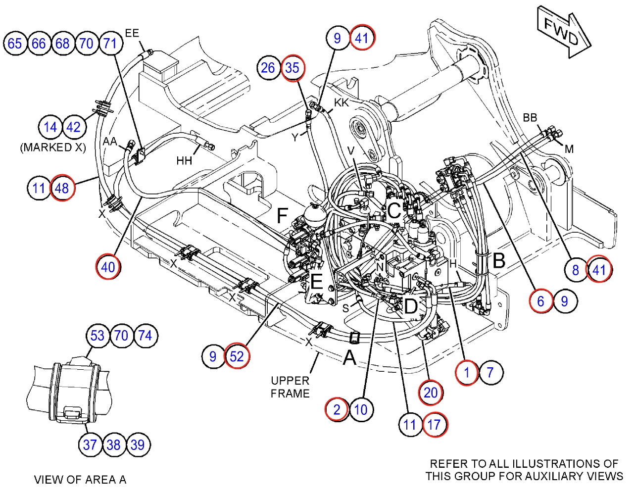 Caterpillar CAT®314D LCR installation diagram showing hydraulic hose 110-5499 at Pipe No. 35