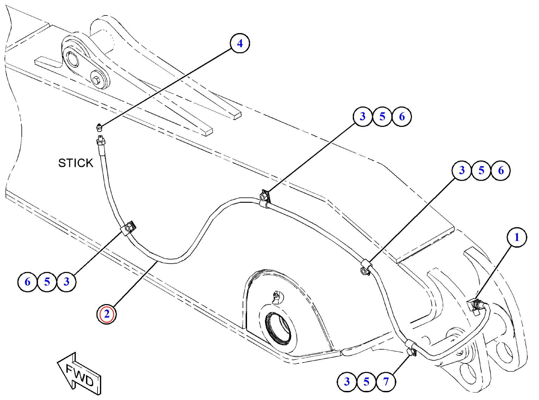 Caterpillar CAT®312E installation diagram showing hydraulic hose 203-7400 at Pipe No. 2
