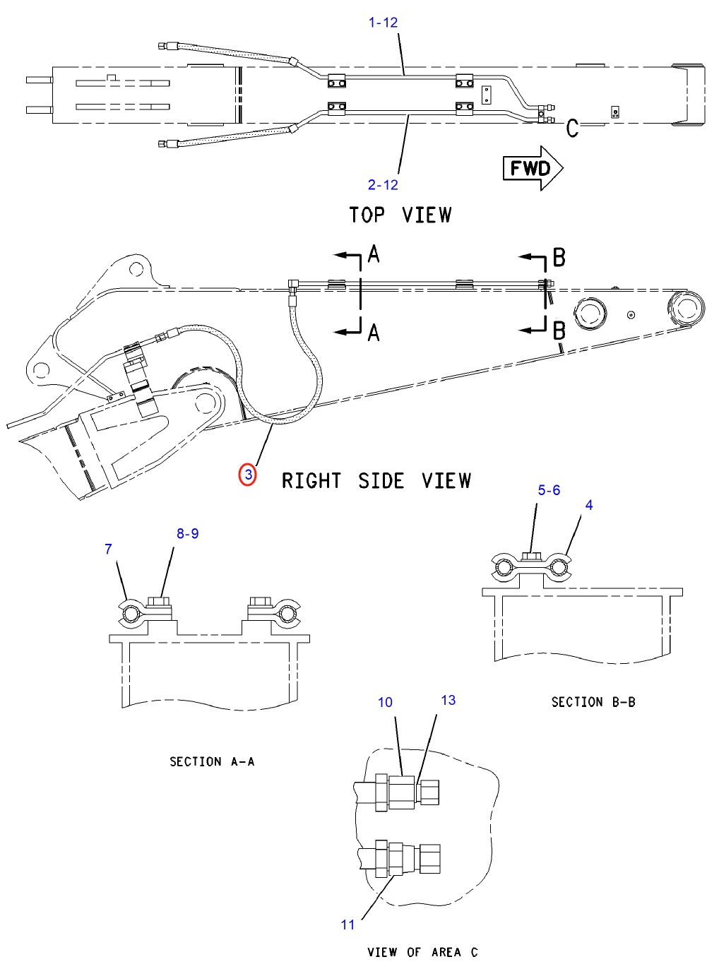 Caterpillar CAT®315C installation diagram showing hydraulic hose 177-8407 at Pipe No. 3