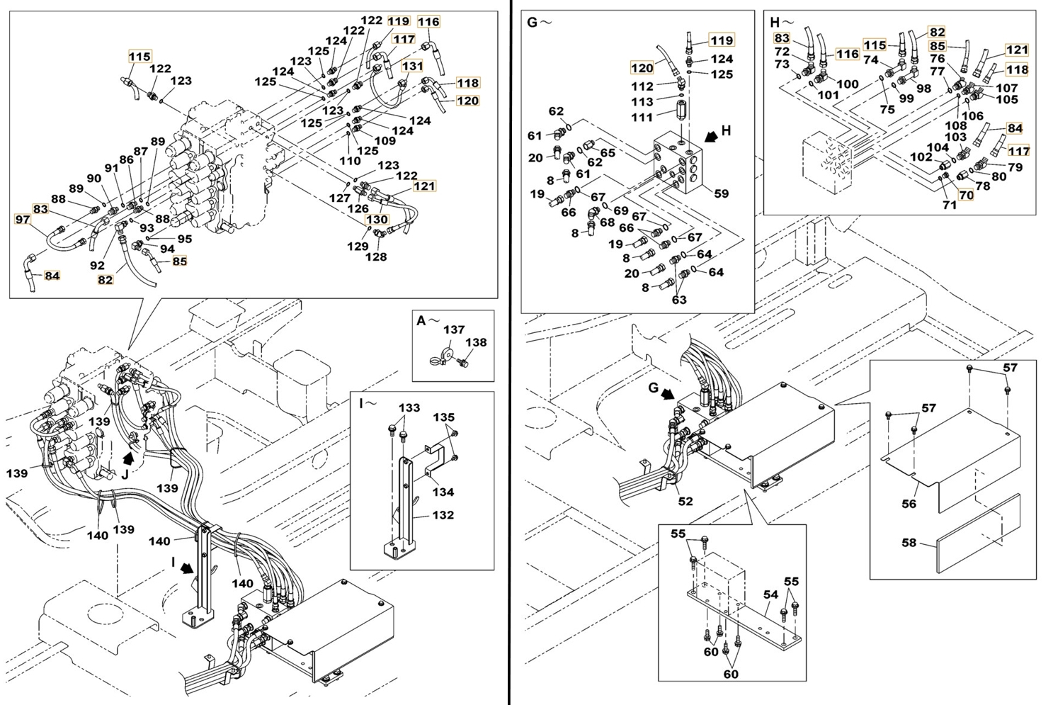 Case CX180B installation diagram showing hydraulic hose KHJ2089 at Pipe No. 120
