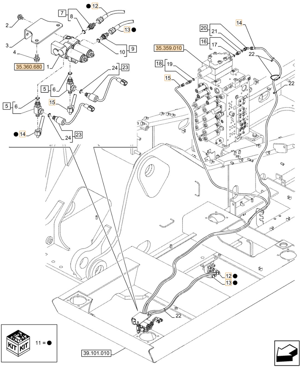 Case CX210D NLC installation diagram showing hydraulic hose KHJ16300 at Pipe No. 15