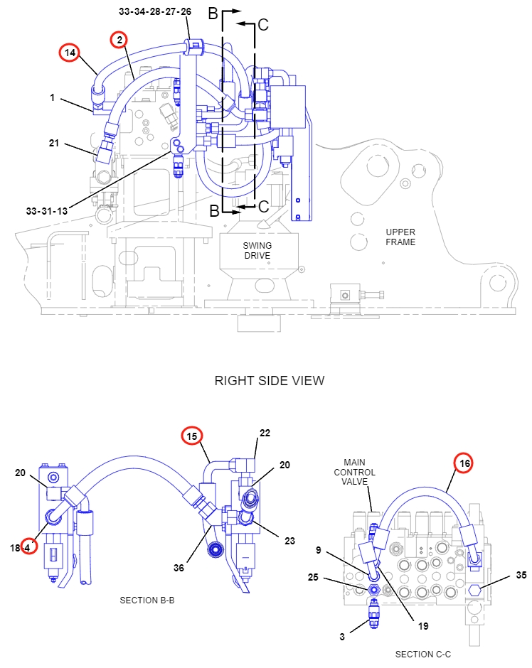 Caterpillar CAT®312D L installation diagram showing hydraulic hose 282-7150 at Pipe No. 14