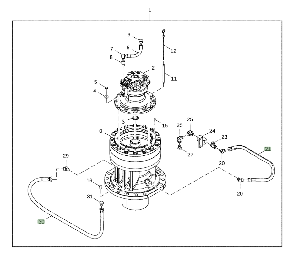 Hitachi EX1200-7 installation diagram showing hydraulic hose 4157679 at Pipe No. 21