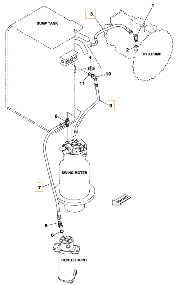 Case CX180B installation diagram showing hydraulic hose 163805A1 at Pipe No. 7