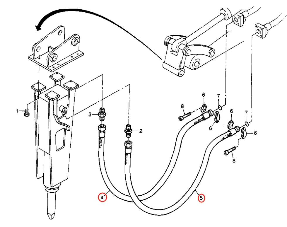 Caterpillar CAT®205B installation diagram showing hydraulic hose 8U-7538 at Pipe No. 4