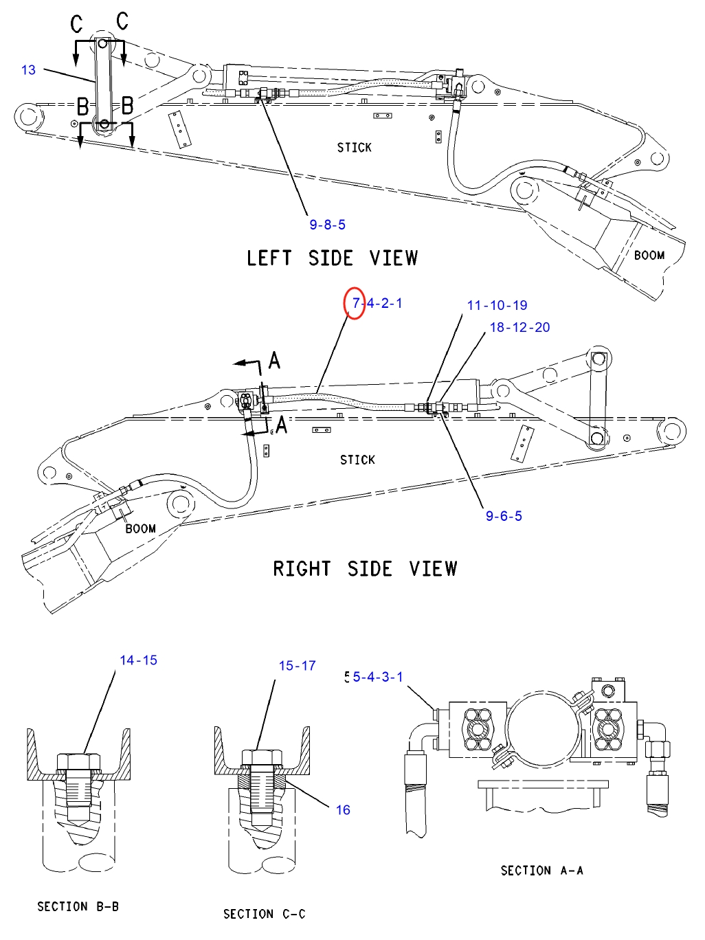 Caterpillar CAT®312B L installation diagram showing hydraulic hose 4E-5786 at Pipe No. 7