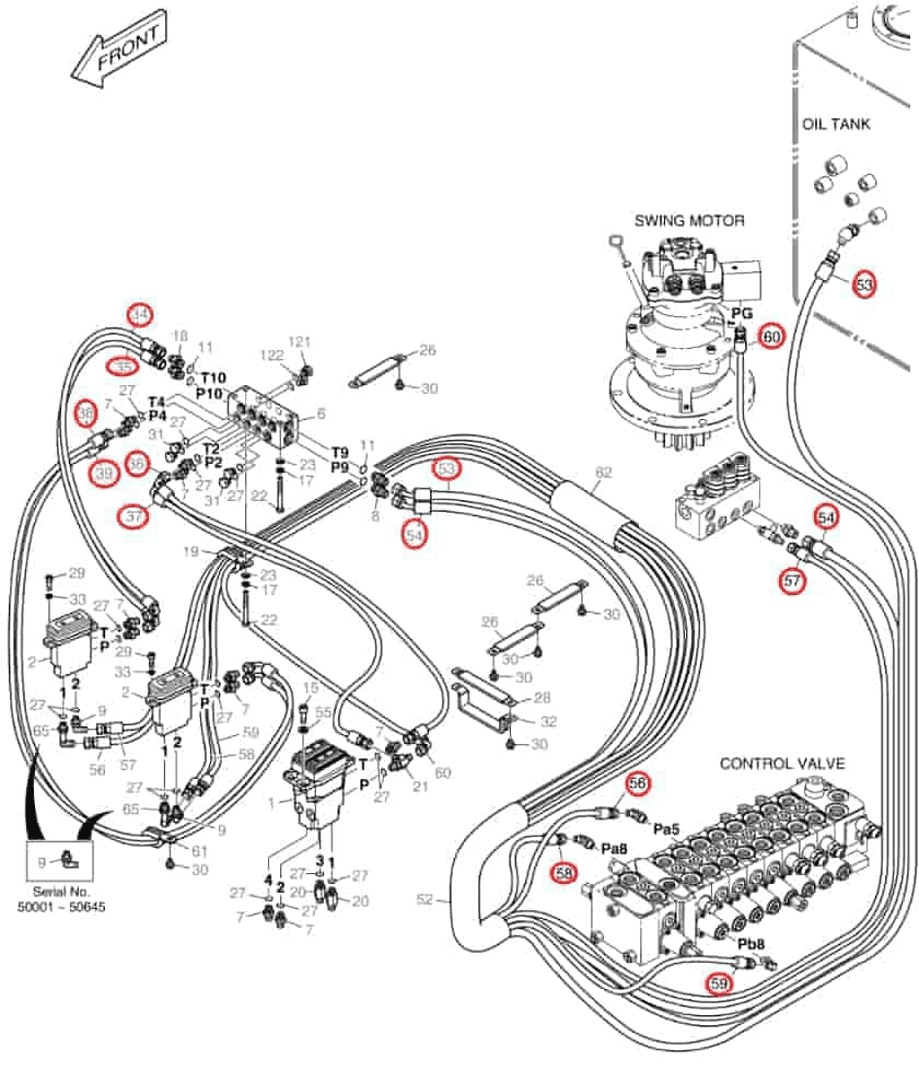Doosan DX80R installation diagram showing hydraulic hose DS2094353 at Pipe No. 57