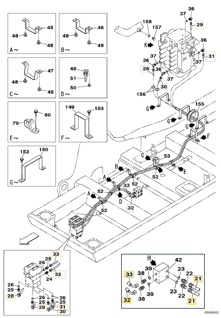 Case CX700B installation diagram showing hydraulic hose KHJ2249 at Pipe No. 32