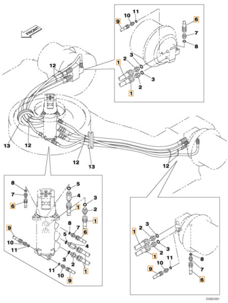 Case CX460 installation diagram showing hydraulic hose 159005A1 at Pipe No. 6