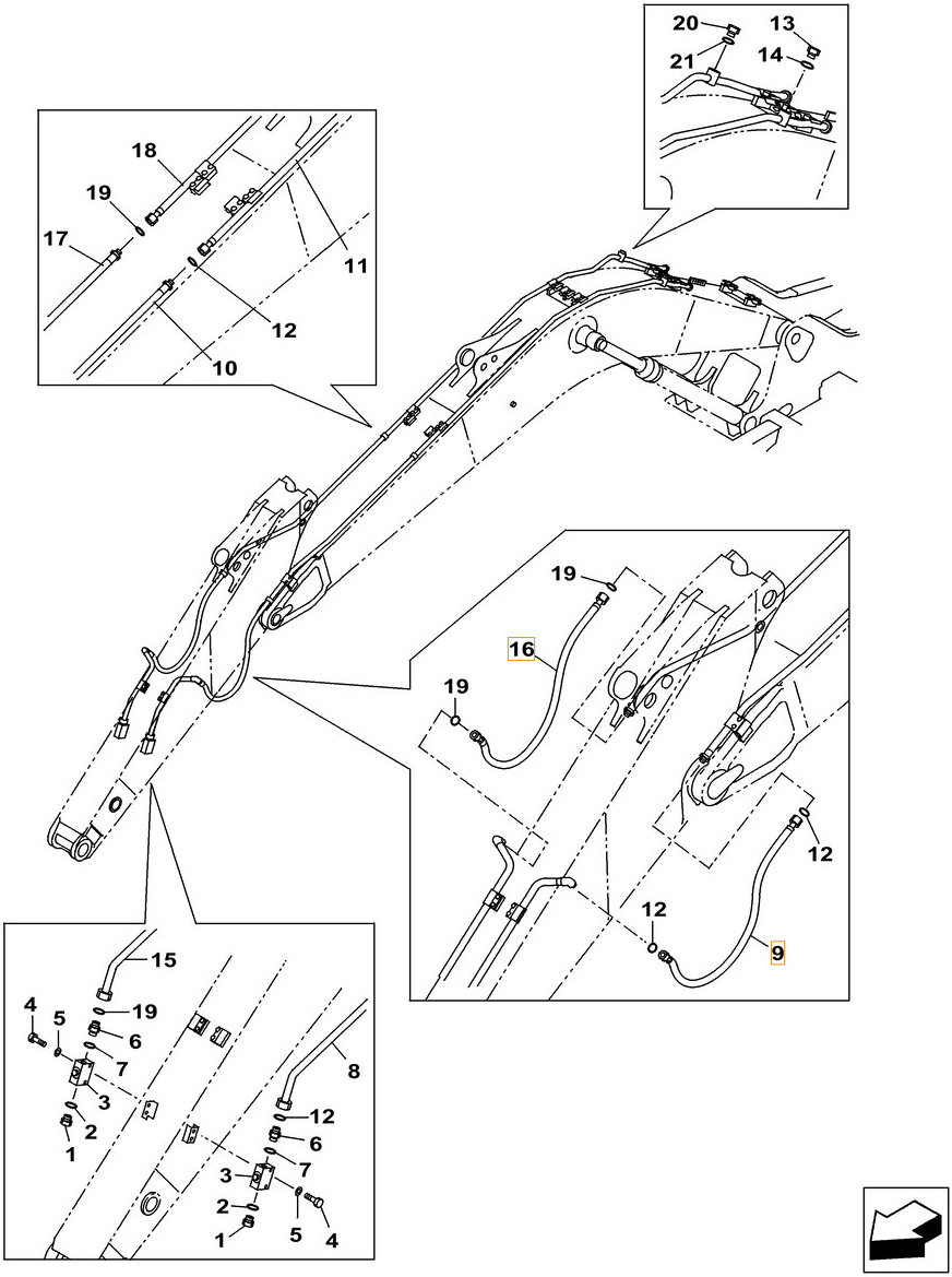 Case CX260C LC installation diagram showing hydraulic hose KRV19740 at Pipe No. 16
