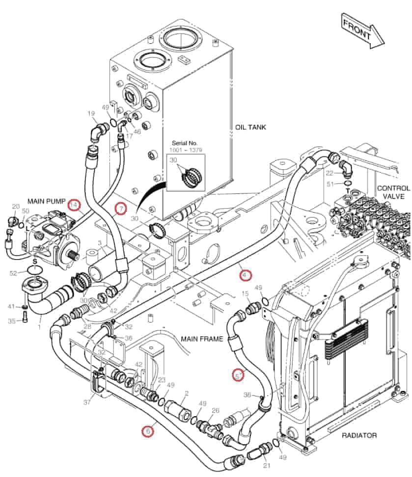 Doosan DX63-3 installation diagram showing hydraulic hose DS2092307 at Pipe No. 14