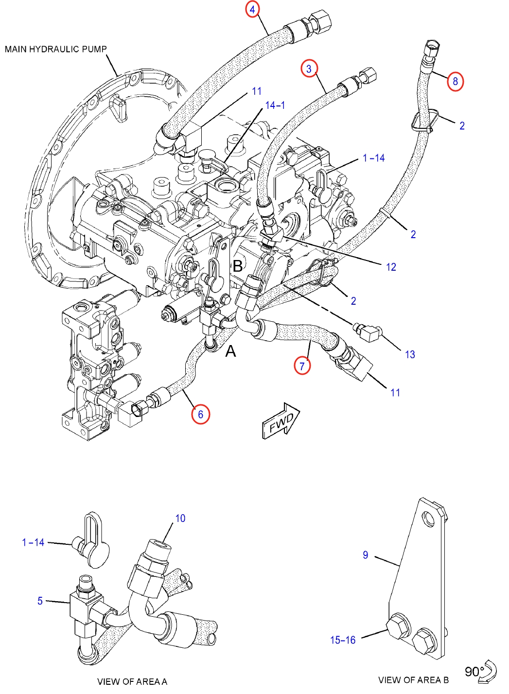 Caterpillar CAT®312E installation diagram showing hydraulic hose 218-1058 at Pipe No. 3