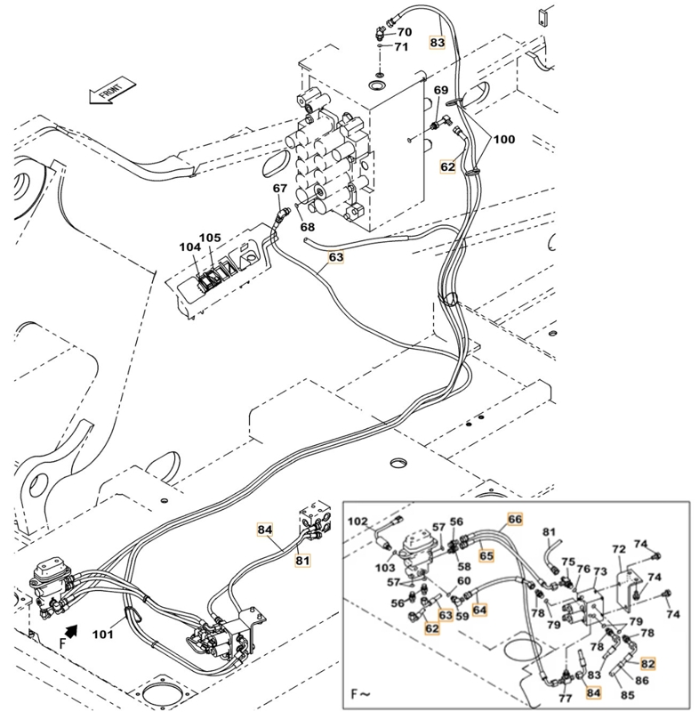 Case CX220B installation diagram showing hydraulic hose KHJ2047 at Pipe No. 81