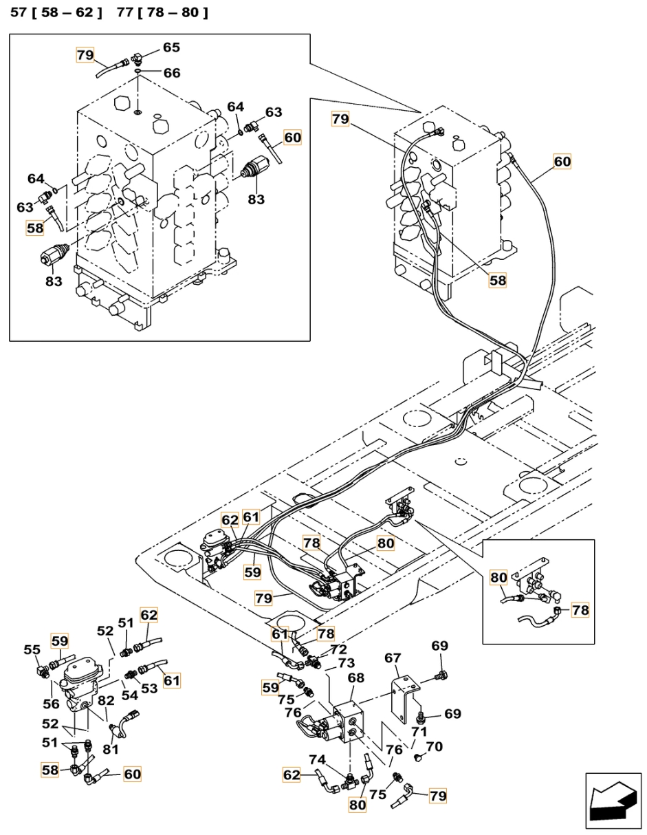 Case CX500C installation diagram showing hydraulic hose KHJ2085 at Pipe No. 61