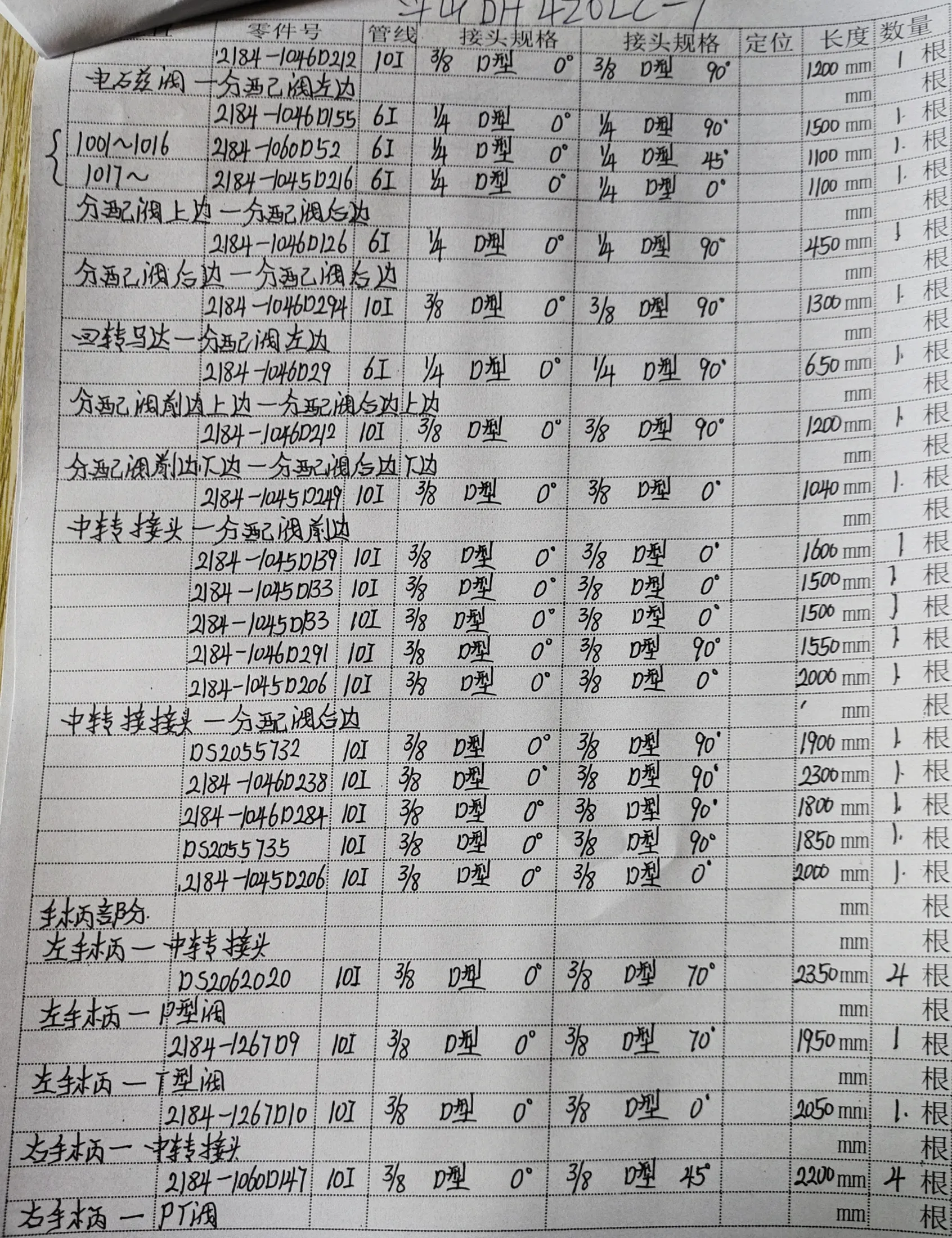Doosan DH420LC-7 hydraulic hose part numbers and recorded lengths — technician notebook page 4 of 5