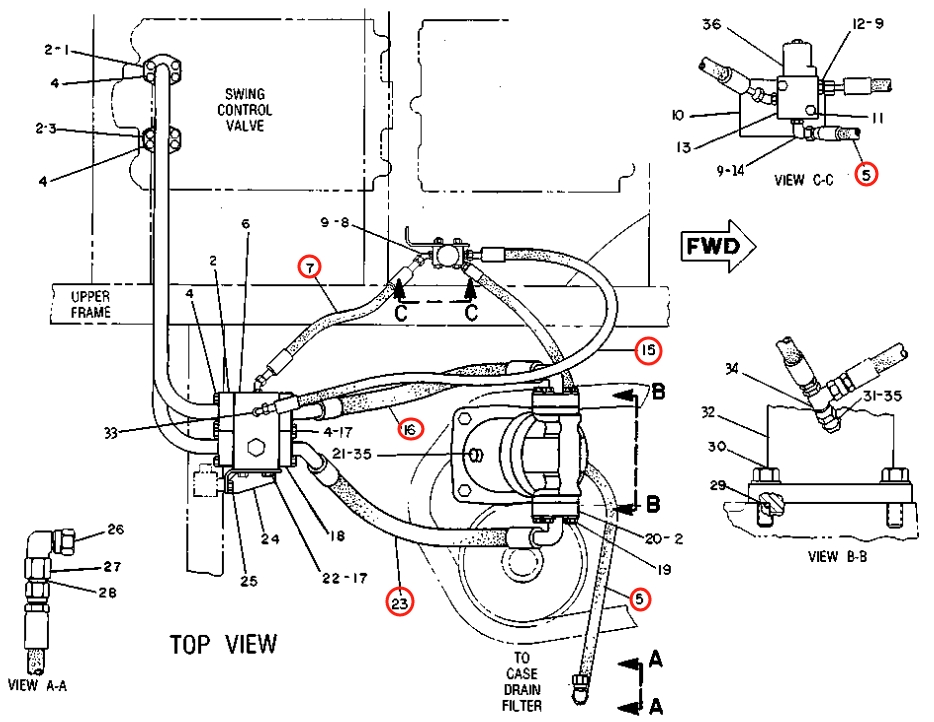 Caterpillar CAT®225D installation diagram showing hydraulic hose 2V-8571 at Pipe No. 5