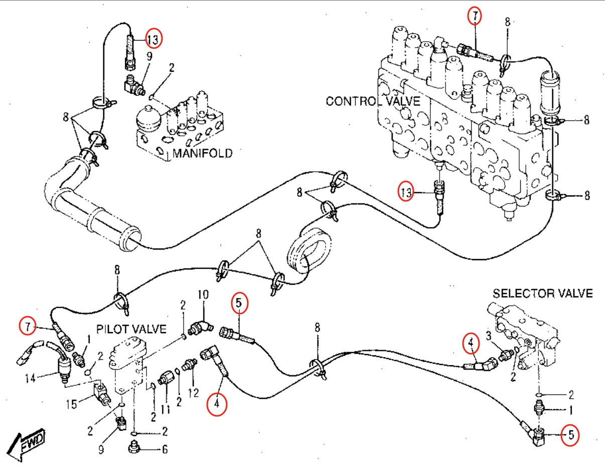 Caterpillar CAT®315B L installation diagram showing hydraulic hose 4I-7608 at Pipe No. 13