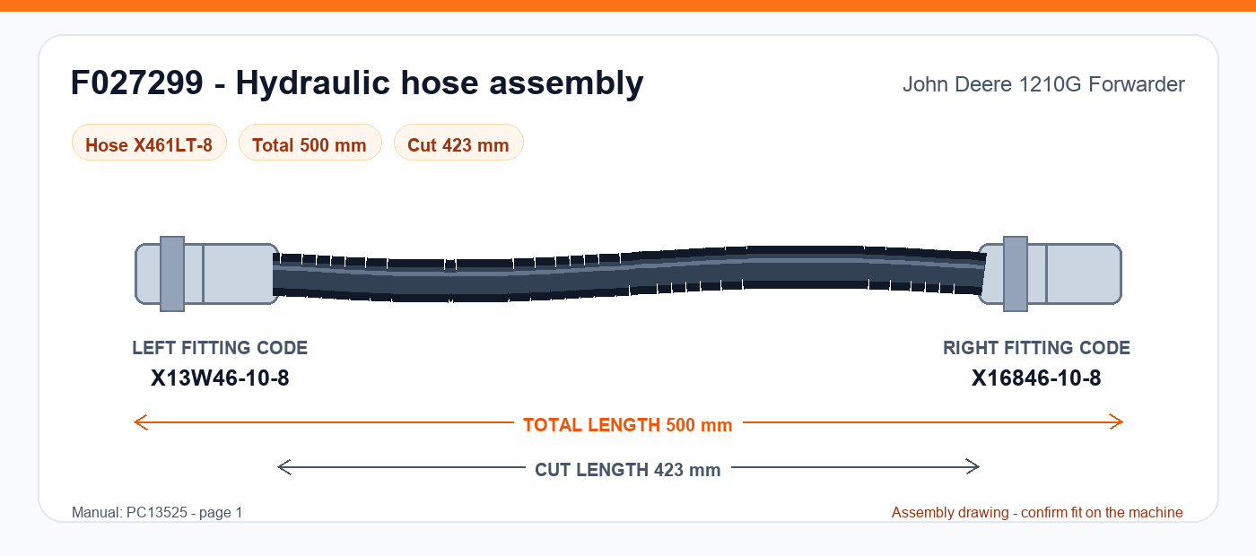 F027299 hydraulic hose assembly drawing for John Deere 1210G Forwarder - 500 mm total length, left fitting X13W46-10-8, right fitting X16846-10-8