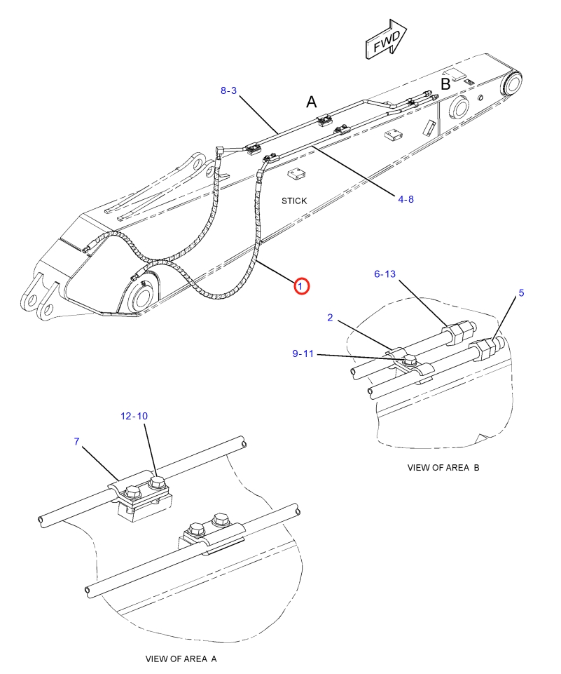 Caterpillar CAT®316E L installation diagram showing hydraulic hose 363-2569 at Pipe No. 1