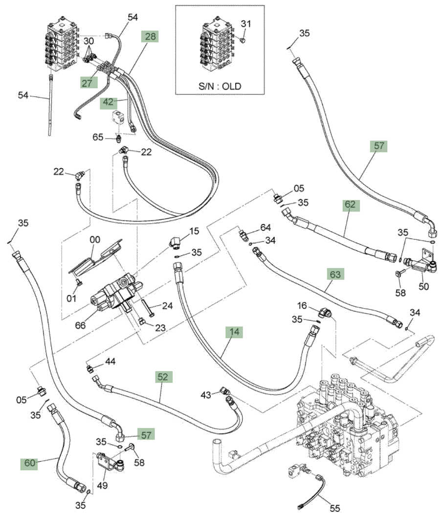 Hitachi ZX210W-3 installation diagram showing hydraulic hose 4250056 at Pipe No. 63