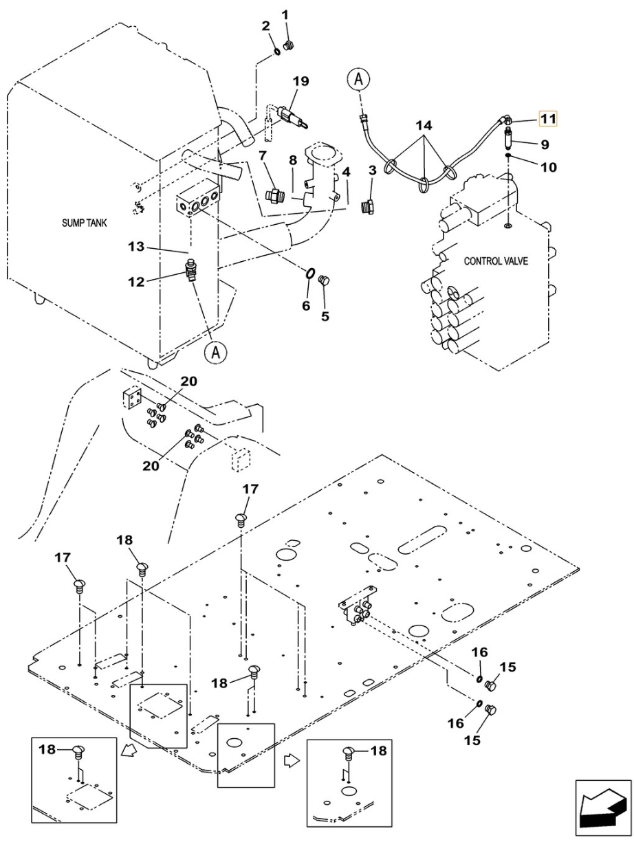 Case CX300C installation diagram showing hydraulic hose KHJ2092 at Pipe No. 11