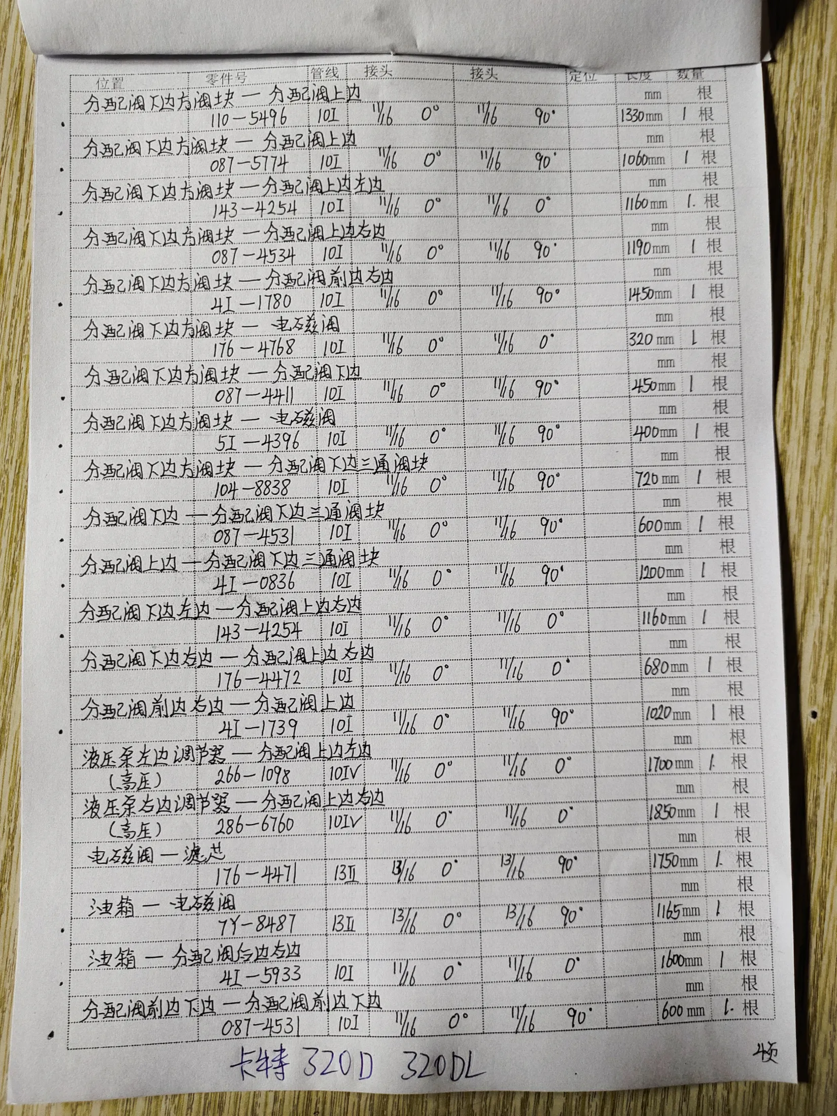Caterpillar 320D hydraulic hose part numbers and recorded lengths — technician notebook page 4 of 5 — recorded hose parts 4I-0836, 4I-178010, 5I-4396