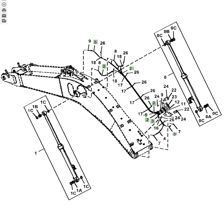 Hitachi ZX670LC-6 installation diagram showing hydraulic hose 4316009 at Pipe No. 2