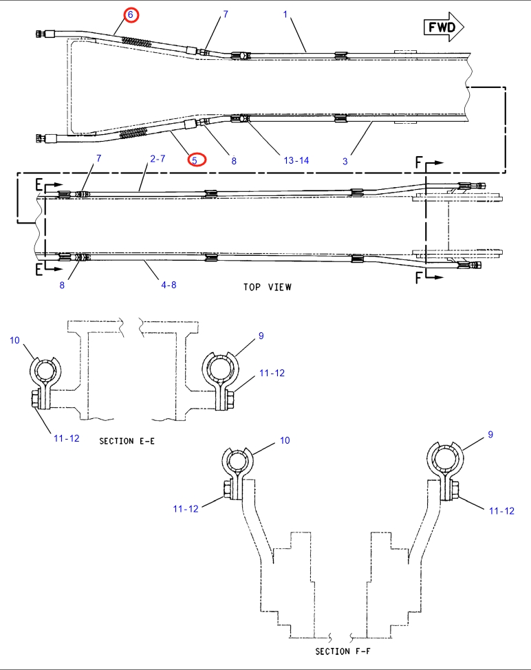 Caterpillar CAT®318B installation diagram showing hydraulic hose 7Y-8001 at Pipe No. 6