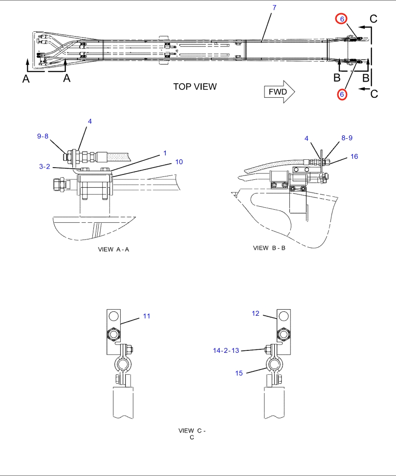 Caterpillar CAT®318C installation diagram showing hydraulic hose 239-5713 at Pipe No. 6