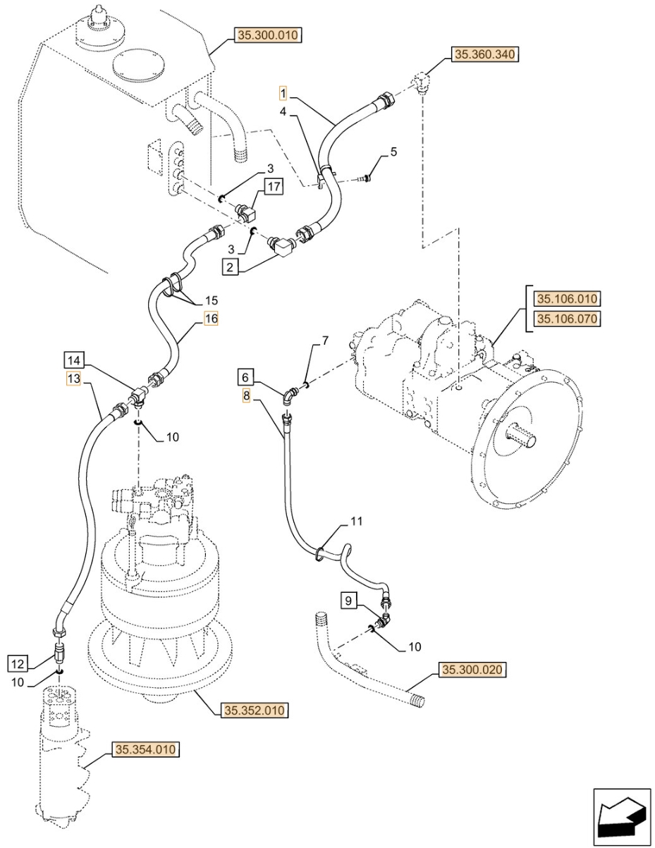Case CX350D LC installation diagram showing hydraulic hose KEJ0396 at Pipe No. 16