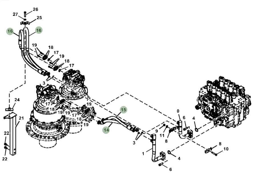 Hitachi ZX670LC-5G installation diagram showing hydraulic hose 4331603 at Pipe No. 16